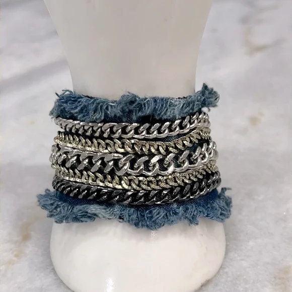 Multi Link Multi Finish Frayed Denim Bracelet - Picture 2 of 10